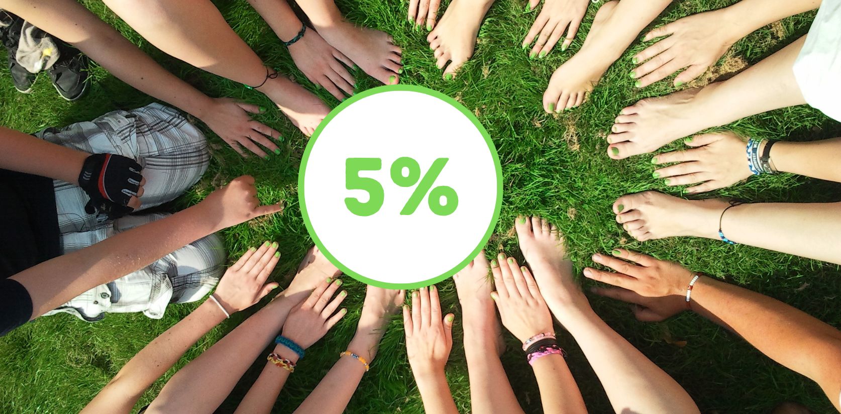 People in a circle on grass with 5% circle in the middle