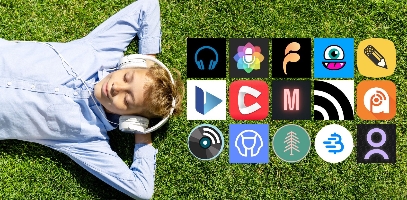 Guy laying on grass Listening to podcast + apps of podcasts